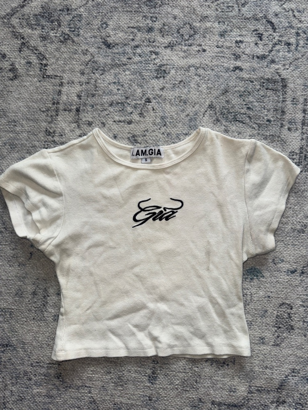 I.AM.GIA White Cropped Ribbed Tee with Black Script